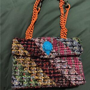 Kurt Geriger Multicolor Tweed Women Bag with Orange Chain Strap